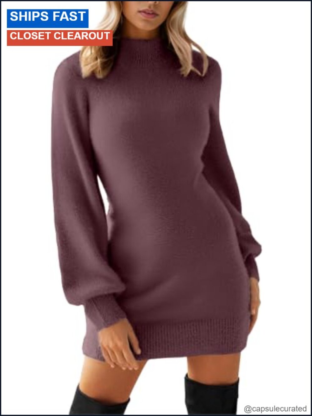 Womens Mock Neck Puff Sleeve Mini Sweater Dress Bodycon Pullover